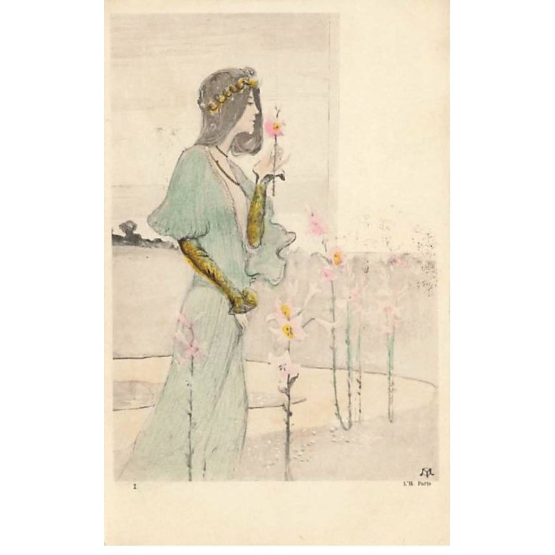 n°23914 - Illustrateur - Art Nouveau - Jeune femme sentant une fleur