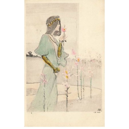 n°23914 - Illustrateur - Art Nouveau - Jeune femme sentant une fleur