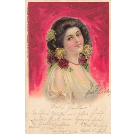 n°23915 - Fantaisie - Art Nouveau -Jeune femme avec des roses dans les cheveux