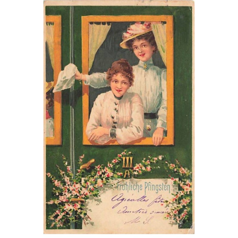 n°23925 - Fröhliche Pfingsten - Deux jeunes femmes dans un wagon, l'une disant au-revoir avec un mouchoir