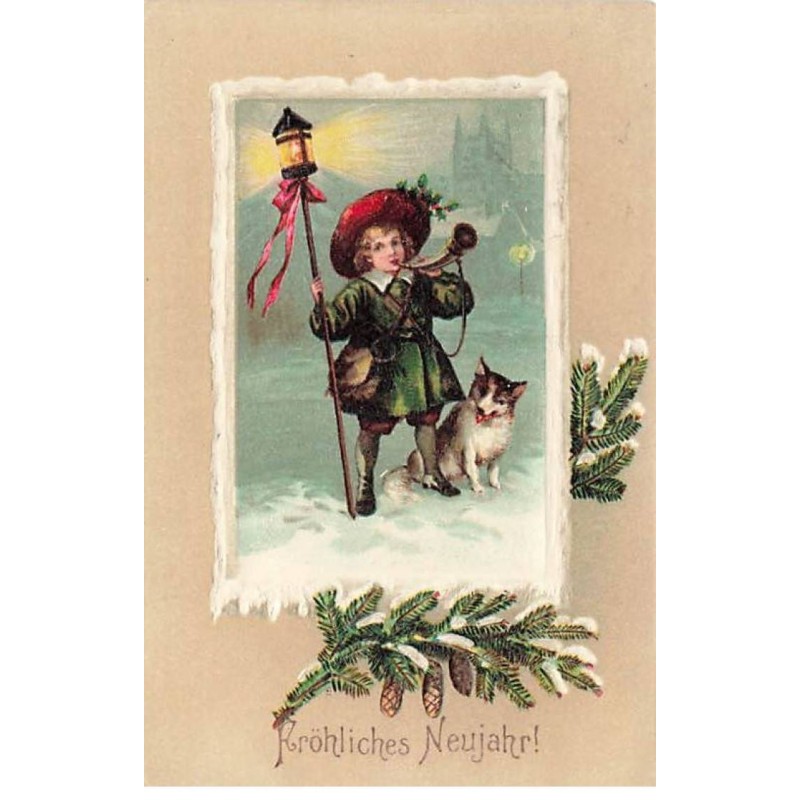 n°23928 - Nouvel An - Clapsaddel ? - Fröhliches Neujahr - Jeune veilleur de Nuit ave son chien