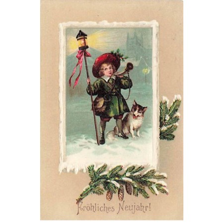n°23928 - Nouvel An - Clapsaddel ? - Fröhliches Neujahr - Jeune veilleur de Nuit ave son chien