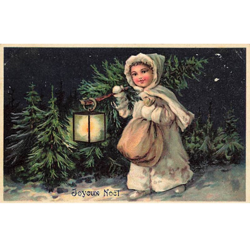 n°23931 - Carte Gaufrée - Joyeux Noël - Fillette marchant dans la nuit avec une lanterne