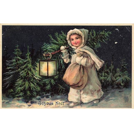n°23931 - Carte Gaufrée - Joyeux Noël - Fillette marchant dans la nuit avec une lanterne