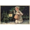 n°23931 - Carte Gaufrée - Joyeux Noël - Fillette marchant dans la nuit avec une lanterne