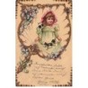 n°23933 - Fantaisie - Imitation bois - Fillette avec des chiots
