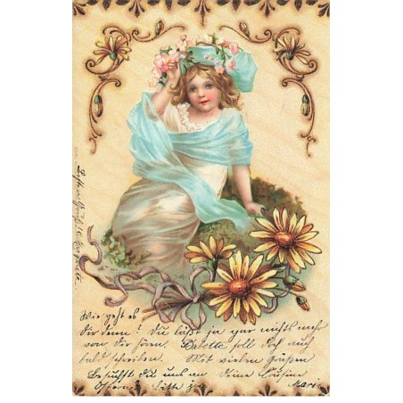 n°23935 - Fantaisie - Imitation bois - Fillette assise, avec des fleurs sur son chapeau