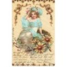 n°23935 - Fantaisie - Imitation bois - Fillette assise, avec des fleurs sur son chapeau
