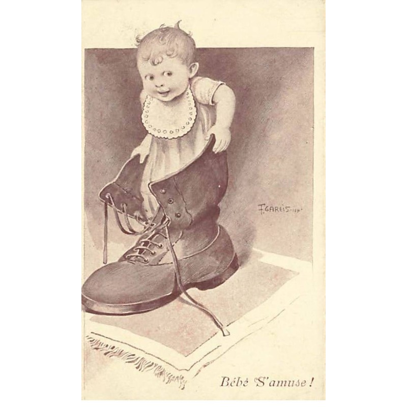 n°23945 - Fantaisie - F. Gareis - Bébé s'amuse - Bébé dans une grosse chaussure