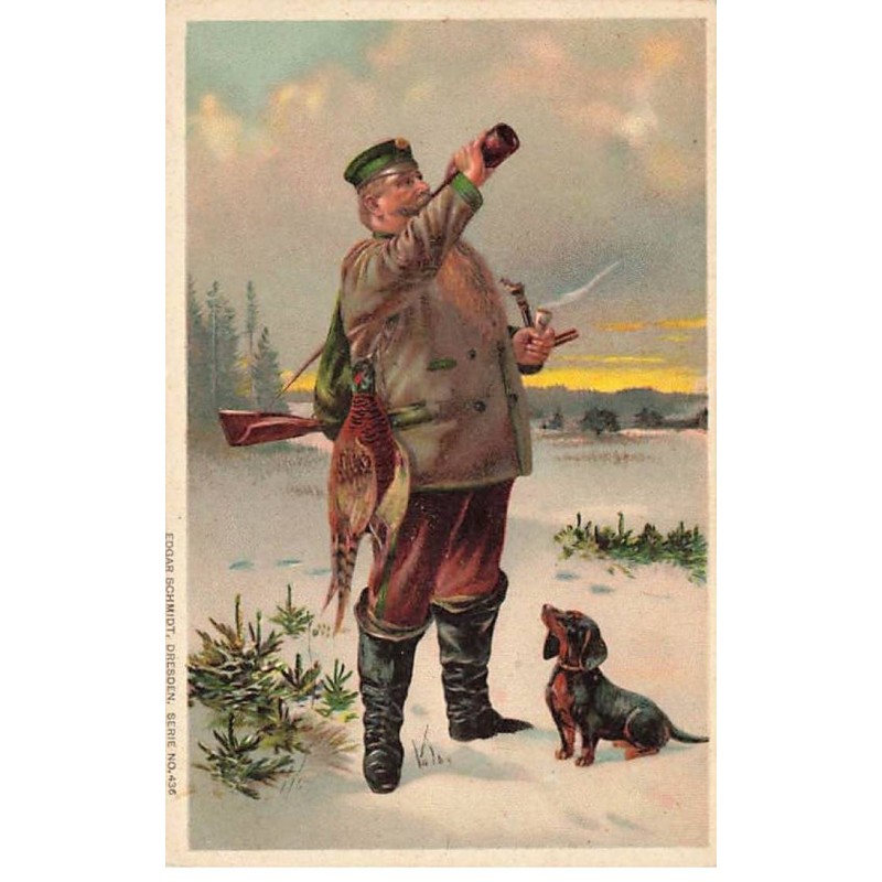 n°23949 - Animaux - Chien - Teckel regardant un chasseur buvant