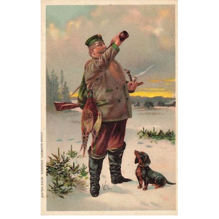 n°23949 - Animaux - Chien - Teckel regardant un chasseur buvant