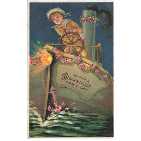 n°23974 - Carte Gaufrée - Nouvel An - Enfant à la barre d'un bateau