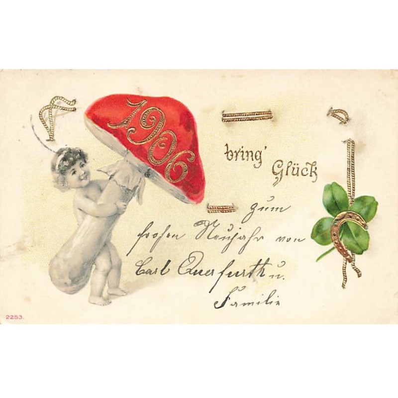 n°23976 - Carte Gaufrée - Nouvel An - Bring's Glück 1906 - Enfant portant un champignon