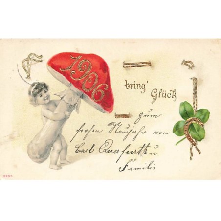 n°23976 - Carte Gaufrée - Nouvel An - Bring's Glück 1906 - Enfant portant un champignon
