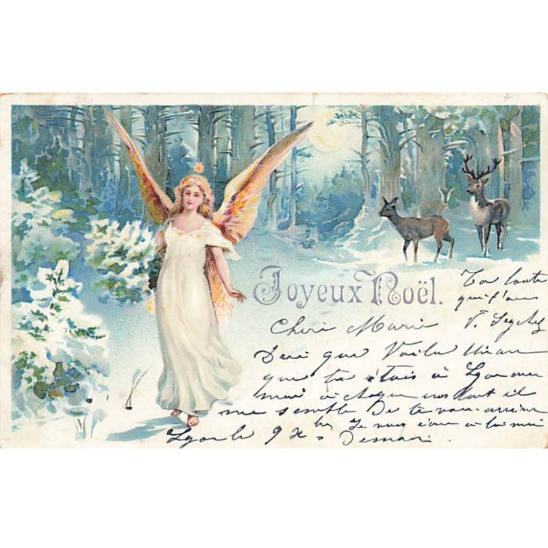 n°23982 - Joyeux Noël - Ange gardien apportant un sapin en marchant dans la forêt