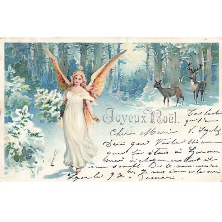 n°23982 - Joyeux Noël - Ange gardien apportant un sapin en marchant dans la forêt