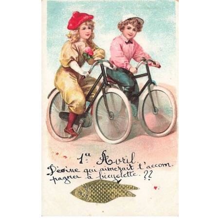n°23993 - 1er Avril - Couple en vélo - Pub Lacambre Tissus Le Lorroux Bottereau