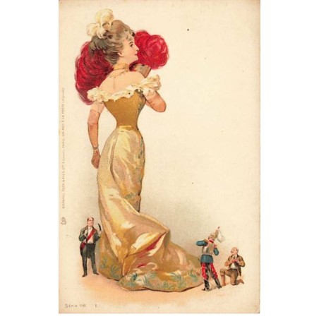 n°24013- Illustrateur - Raphael Tuck - Jeune femme avec un éventail, et des hommes tout petits à ses pieds - surréalisme