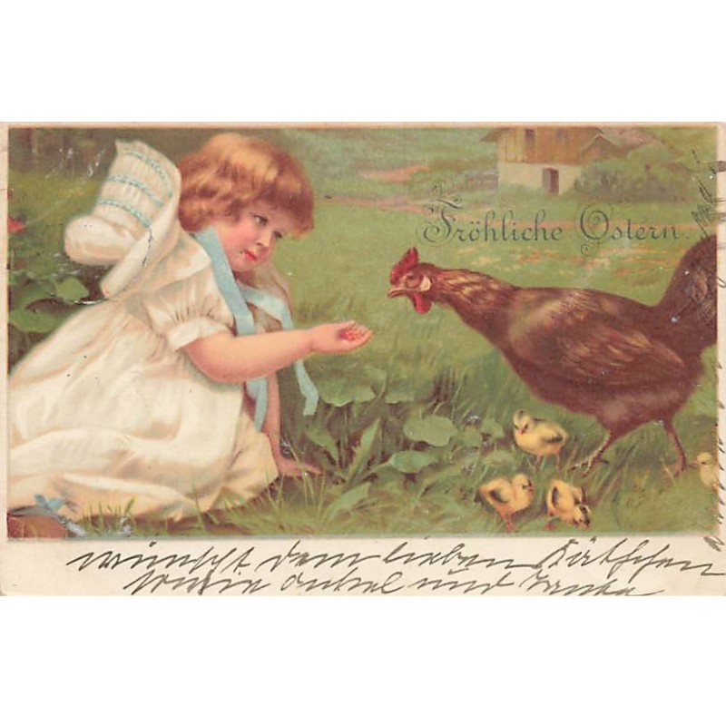 n°24014 - Pâques - Fröhliche Ostern - Fillette donnant à manger à une poule et ses poussins