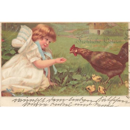 n°24014 - Pâques - Fröhliche Ostern - Fillette donnant à manger à une poule et ses poussins