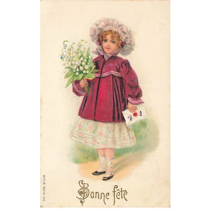 n°24016 - Carte Gaufrée - Bonne Fête - Jeune fille avec un bouquet de muguet