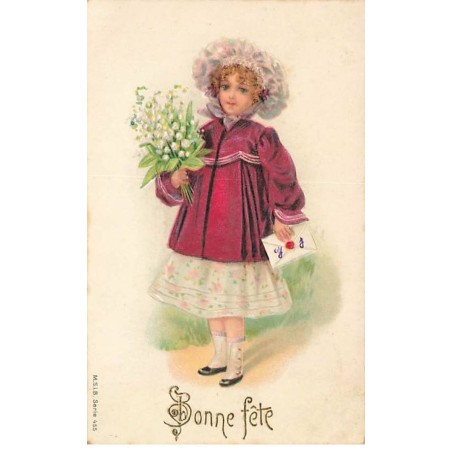 n°24016 - Carte Gaufrée - Bonne Fête - Jeune fille avec un bouquet de muguet
