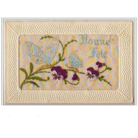 n°2402 - Carte Brodée - Bonne Fête - Papillons et pensées