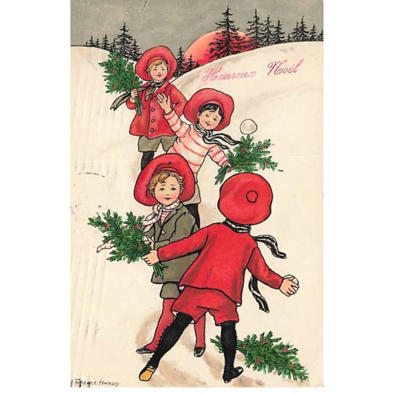 n°24022 - F. Hardy - Heureux Noël - Enfants portant du houx, et faisant une partie de  boules de neige