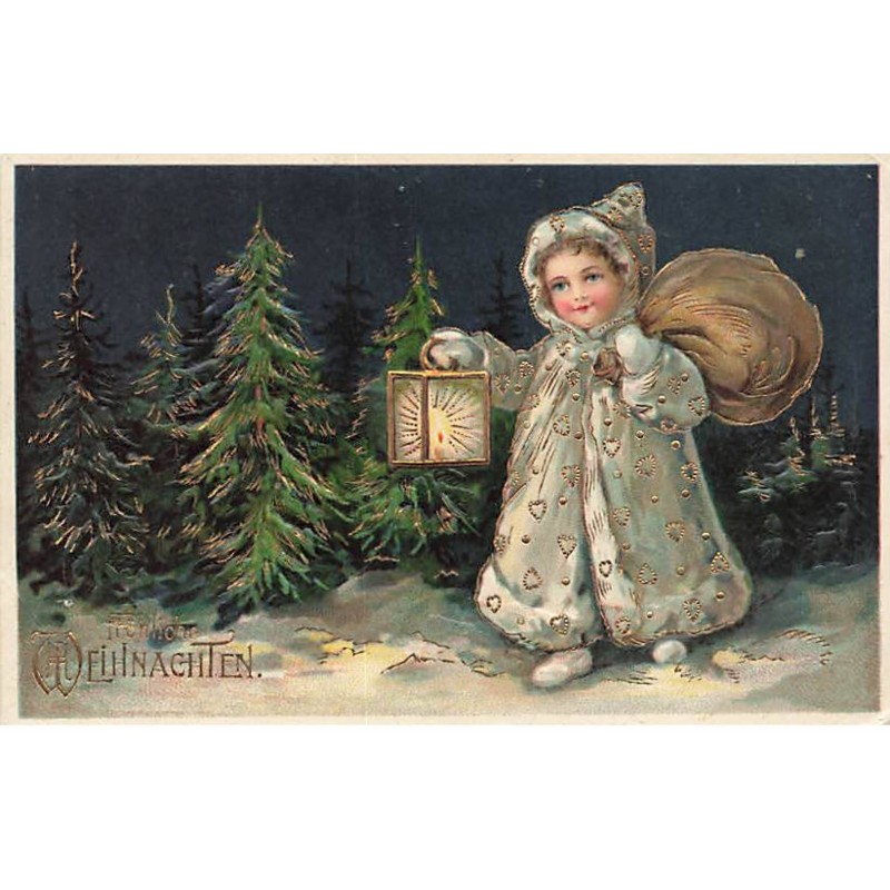 n°24026 - Carte Gaufrée - Fröhliche Weihnachten - Enfant dans la Forêt avec une lanterne