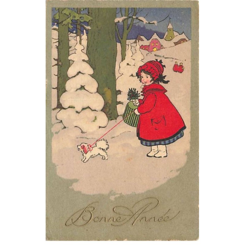 n°24029 - Bonne Année - Style Baumgarten- Fillette avec une branche de houx promenant son chien