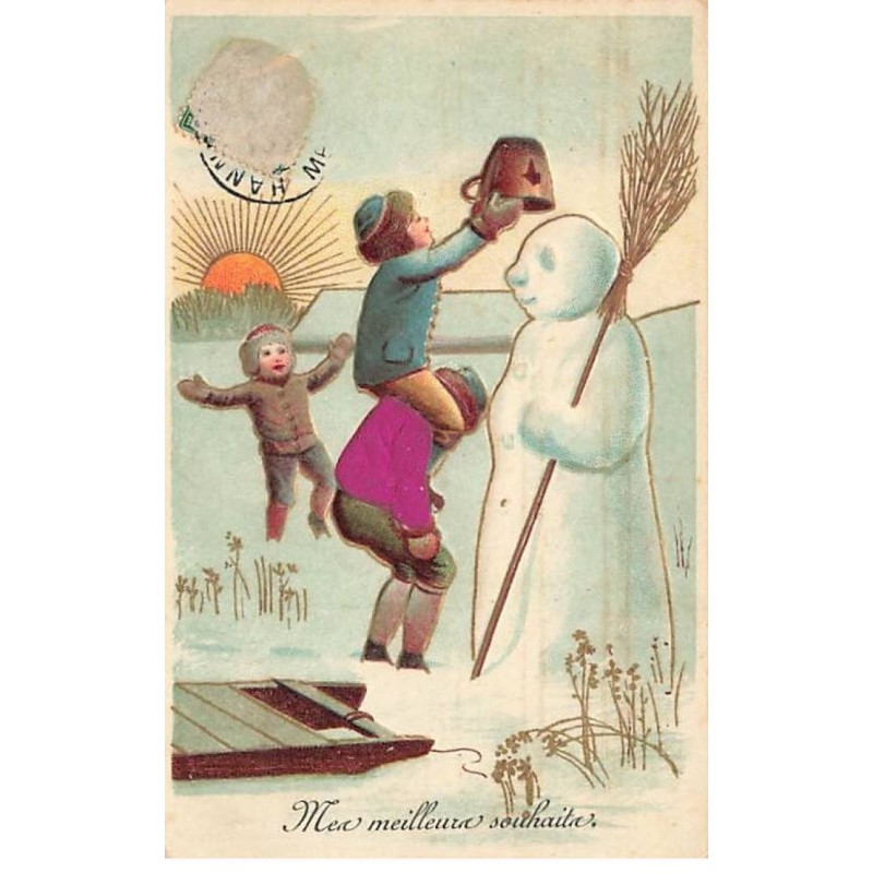n°24032 - Carte Gaufrée - Mes meilleurs souhaits - Enfants mettant un sceau sur la tête d'un Bonhomme de Neige