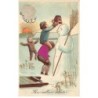 n°24032 - Carte Gaufrée - Mes meilleurs souhaits - Enfants mettant un sceau sur la tête d'un Bonhomme de Neige
