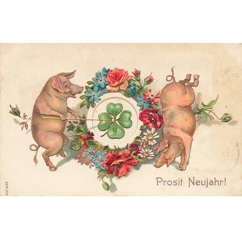 n°24038 - Carte Gaufrée - Prosit Neujahr - Cochons - Trèfle
