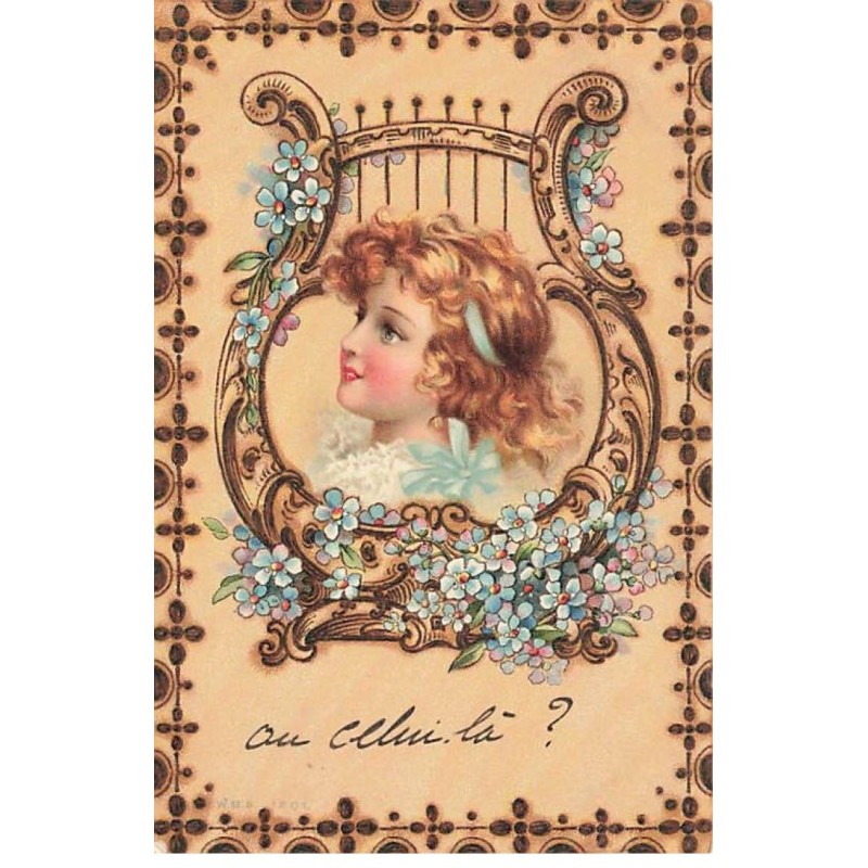 n°24046 - Imitation Bois - Portrait de Fillette de profil - Lyre