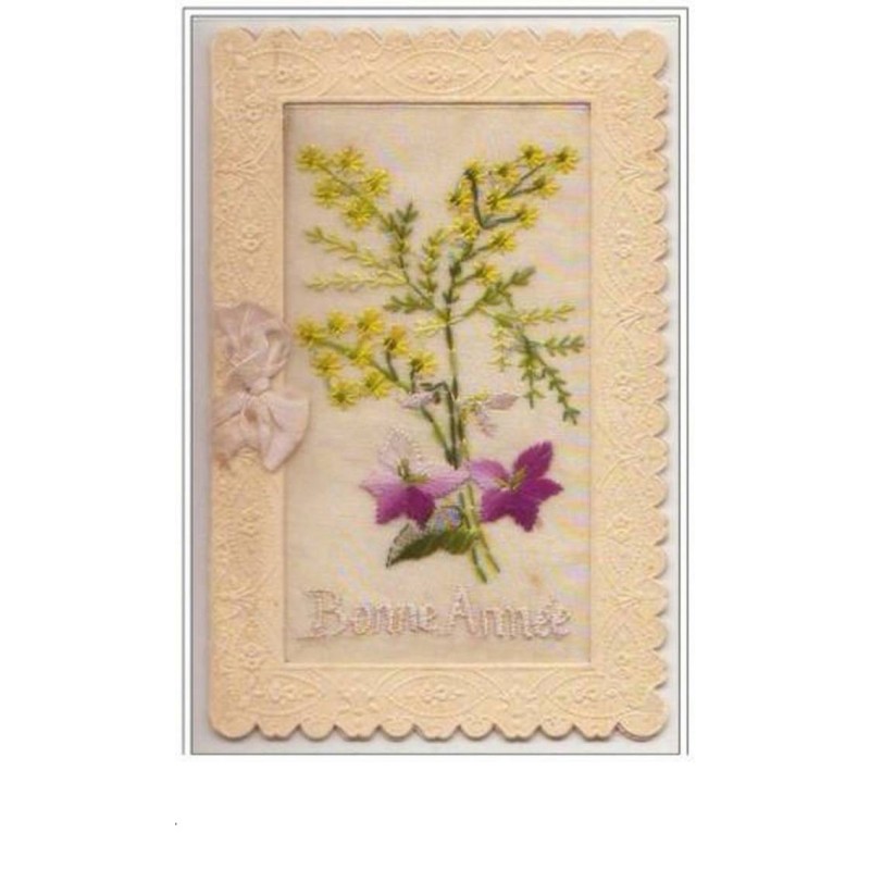 n°2405 - Carte Brodée livret - Bonne Année - Mimosa