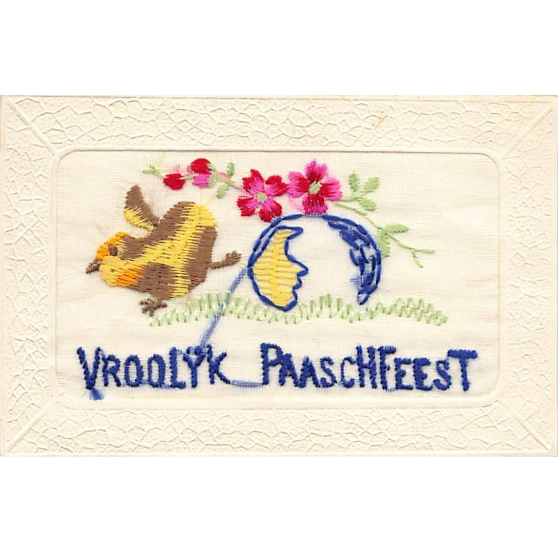 n°24052 - Carte Brodée - Vroolÿk Paaschfeest - Poussin sortant d'un oeuf - Pâques