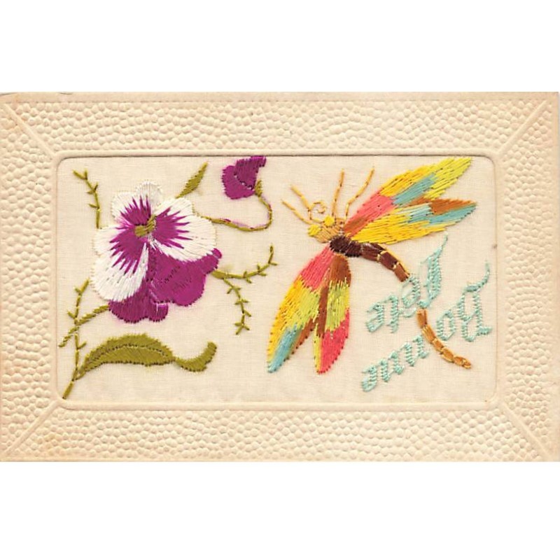 n°24053 - Carte Brodée - Bonne Fête - Libellule près d'une pensée