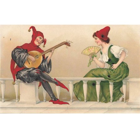 n°24068 - Fantaisie - Un fou du Roi, jouant de la mandoline pour une jeune femme s'éventant