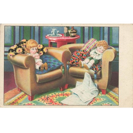 n°24070 - Illustrateur - A. Bertiglia - Deux enfants dans des fauteuils, la fillette regardant le garçon dormir