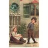 n°24075 - Carte Gaufrée - Joyeux Noël - Garçon tirant une fillette assise sur une luge portant un sapin