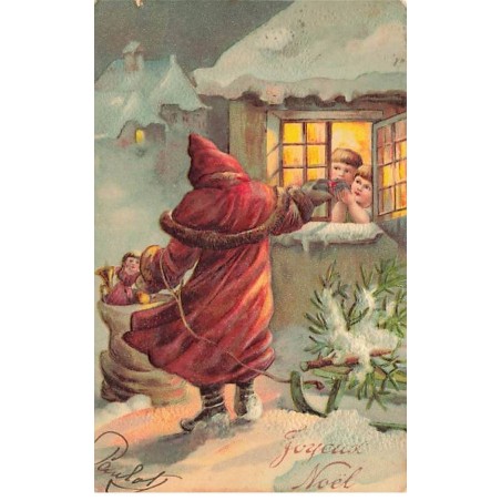 n°24077 - Carte Gaufrée - Joyeux Noël - Père Noël donnant des cadeaux à des enfants par une fenêtre