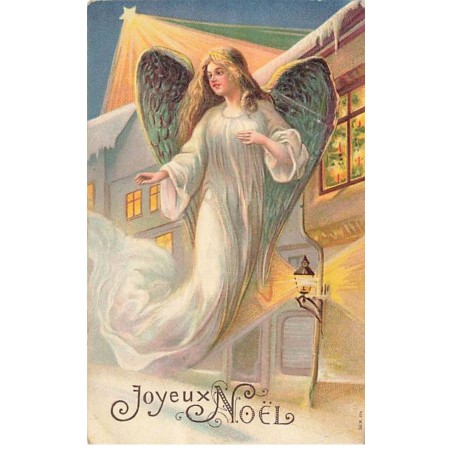 n°24079 - Carte Gaufrée - Joyeux Noël - Ange Gardien dans une rue éclairée