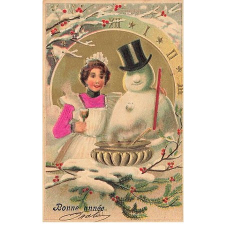n°24085 - Carte Gaufrée - Bonne Année - Une servante trinquant avec un bonhomme de neige