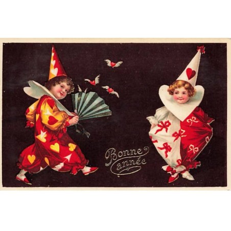 n°24088 - Clapsaddle - Bonne Année - Deux enfants portant des tenues de clowns - éventail
