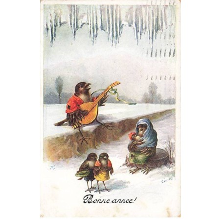 n°24089 - Nouvel An - C. Öhler - Bonne Année - Oiseaux, l'un jouant de la musique pour une famlille
