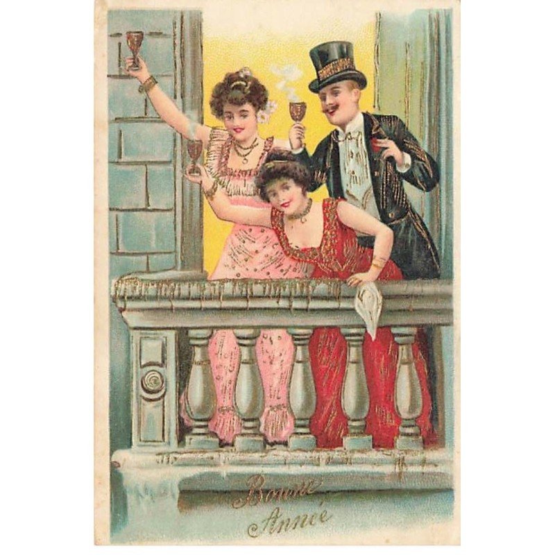 n°24092  - Carte Gaufrée - Bonne Année - Deux femmes et un homme trinquant sur un balcon