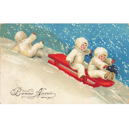 n°24095 - Clapsaddle - Bonne Année - Enfants sur une luge sous la neige
