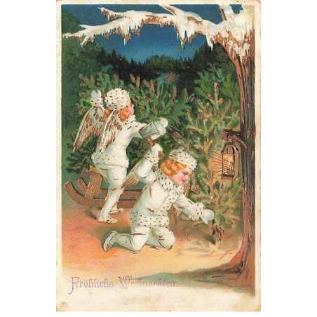 n°24119 - Carte Gaufrée - Fröhliche Weihnachten - Angelots coupant des sapins