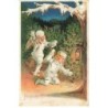 n°24119 - Carte Gaufrée - Fröhliche Weihnachten - Angelots coupant des sapins