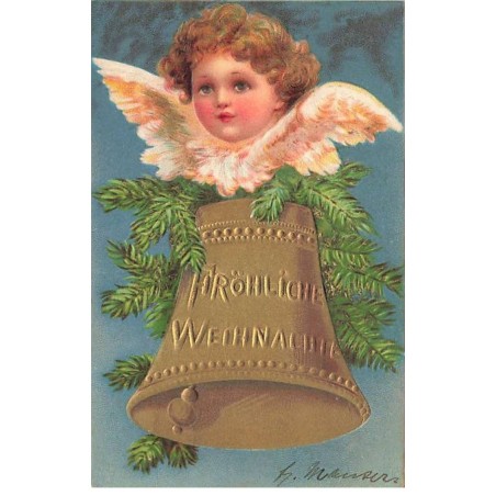 n°24120 - Carte Gaufrée - Fröhliche Weihnachten - Clapsaddle - Tête d'Ange et cloche